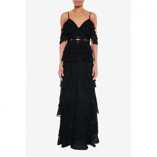 True Decadence Plunge Front Tiered Ruffle Maxi Dress