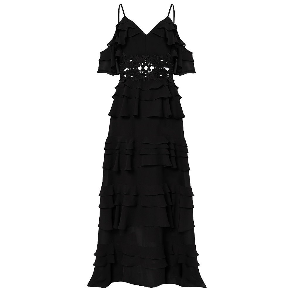 True Decadence Plunge Front Tiered Ruffle Maxi Dress