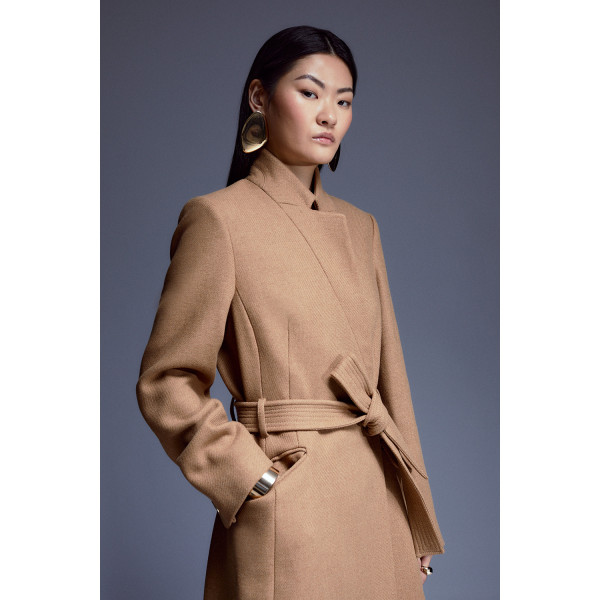 Karen Millen Italian Wool Forever Notch Neck Midi Coat Camel