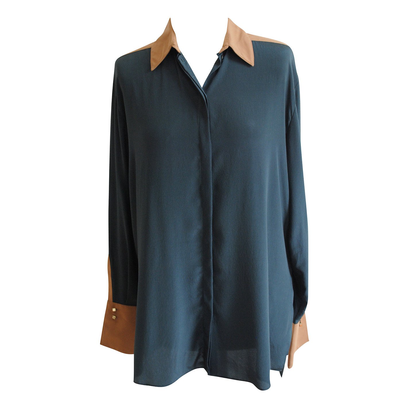 Amanda Wakeley Two-Tone Silk Forest Green and Tan Shirt