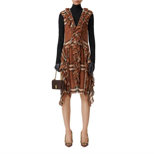 Burberry Pleated Ruffle Detail Check Silk Georgette Dress