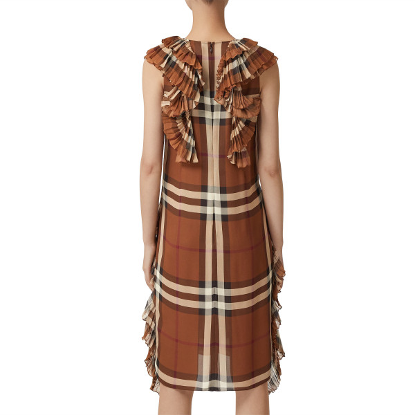 Burberry Pleated Ruffle Detail Check Silk Georgette Dress