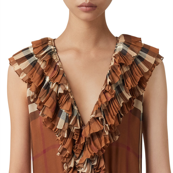 Burberry Pleated Ruffle Detail Check Silk Georgette Dress