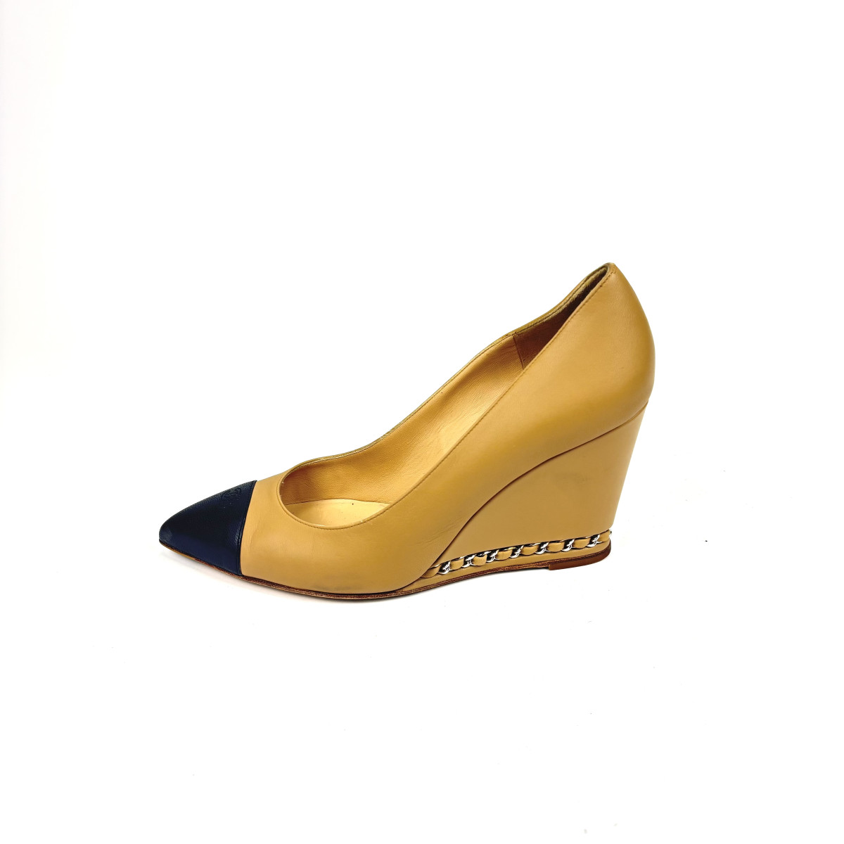 CHANEL Leather Wedge Pumps with Chain Detail