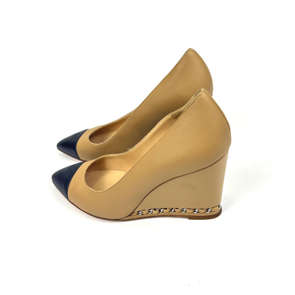 CHANEL Leather Wedge Pumps with Chain Detail