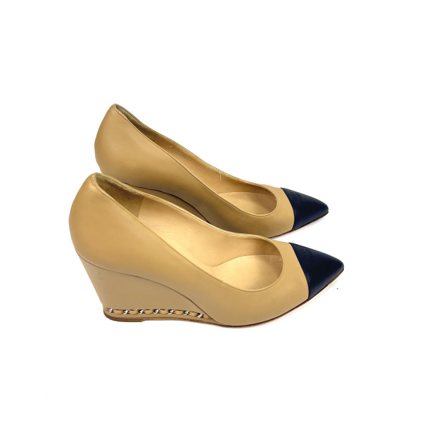 CHANEL Leather Wedge Pumps with Chain Detail