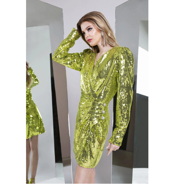 Melis Kaptanoglu Alara Lime Sequin Dress