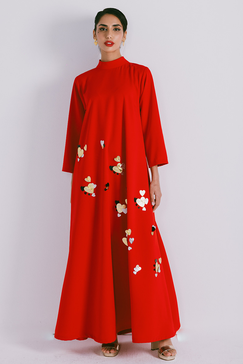 Azzalia Long Sleeve Crepe Dress with 3D Embroidery with High Collar Neck Closed with a Bow
