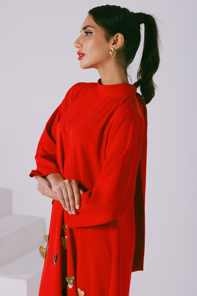 Azzalia Long Sleeve Crepe Dress with 3D Embroidery with High Collar Neck Closed with a Bow