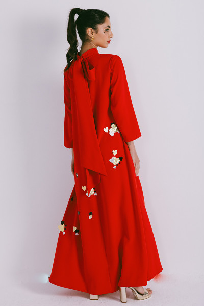 Azzalia Long Sleeve Crepe Dress with 3D Embroidery with High Collar Neck Closed with a Bow