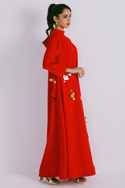 Azzalia Long Sleeve Crepe Dress with 3D Embroidery with High Collar Neck Closed with a Bow