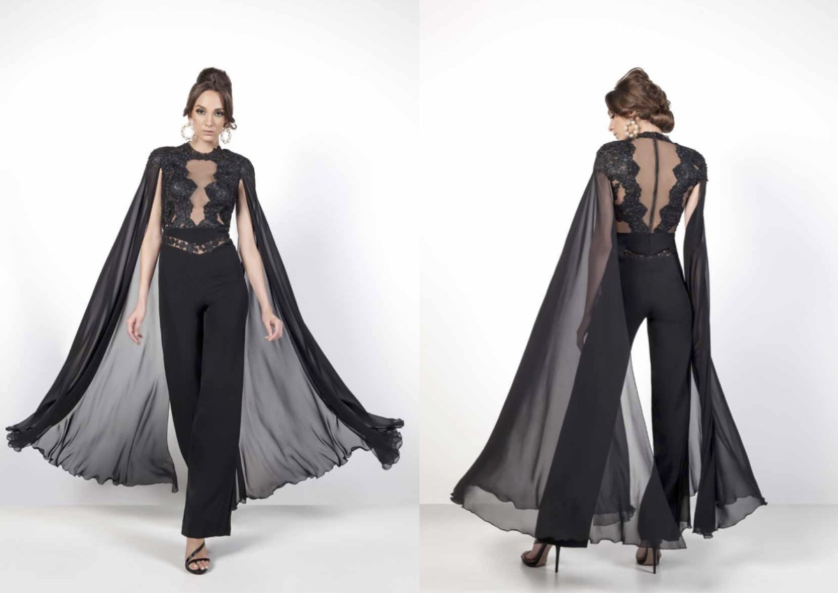 Maison Souraya Black Jumpsuit With Long Sleeves & Lace