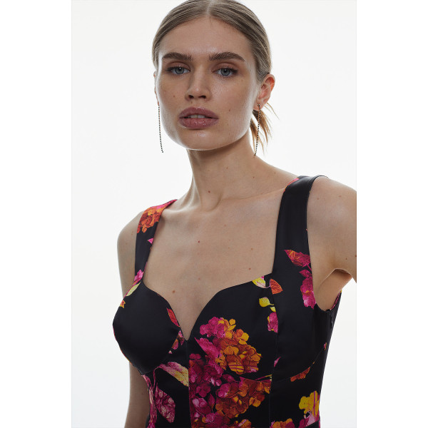 Karen Millen Italian Structured Satin Hydrangea Corset Pencil Midi Dress