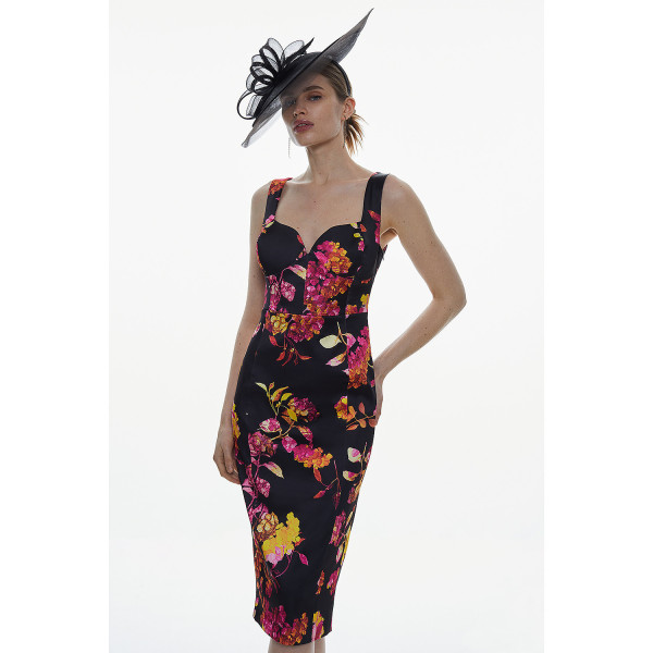 Karen Millen Italian Structured Satin Hydrangea Corset Pencil Midi Dress