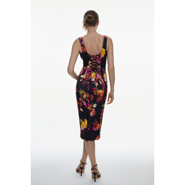Karen Millen Italian Structured Satin Hydrangea Corset Pencil Midi Dress