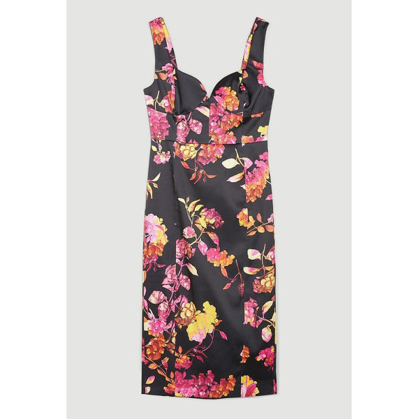 Karen Millen Italian Structured Satin Hydrangea Corset Pencil Midi Dress