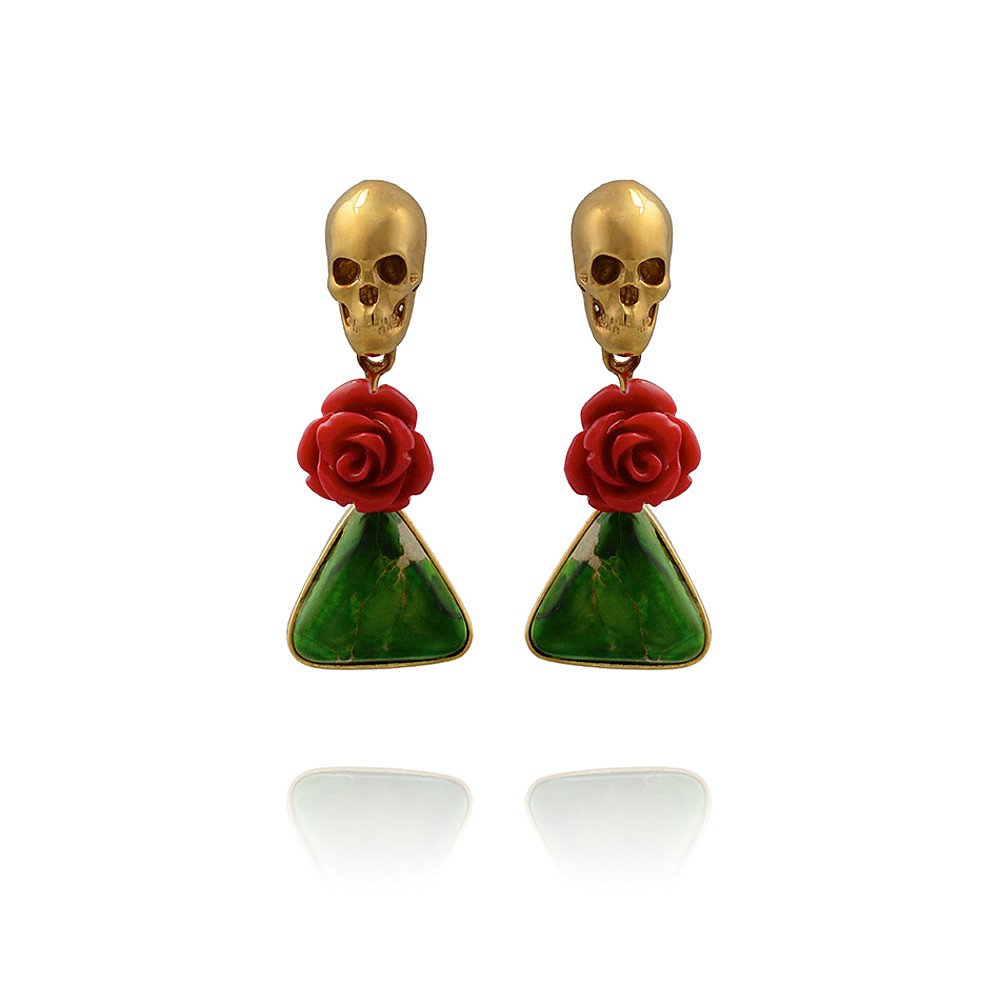 LeiVanKash Green Jasper and Coral Skull Earrings