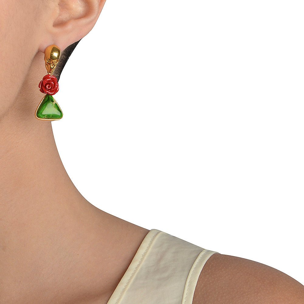 LeiVanKash Green Jasper and Coral Skull Earrings