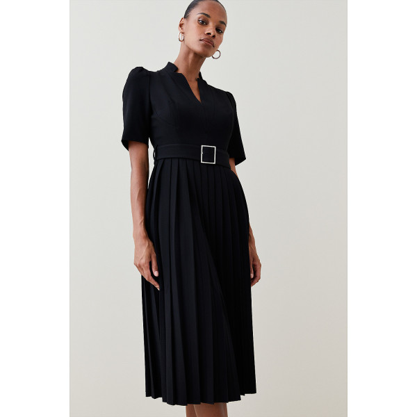 Karen Millen Structured Crepe Forever Pleat Belted Midi Dress