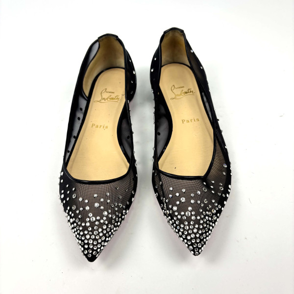 Christian Louboutin Christian Louboutin Black Mesh Follies Strass Pointed Toe Ballet Flats
