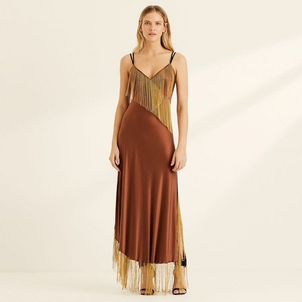 Amanda Wakeley Velvet-Trimmed Fringed Silk Maxi Dress