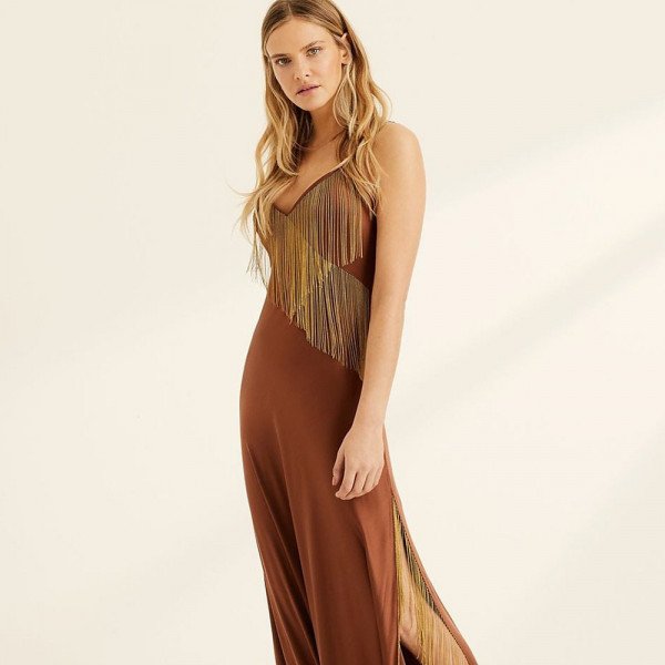 Amanda Wakeley Velvet-Trimmed Fringed Silk Maxi Dress