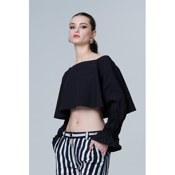 JU-NNA Grace - Shibori Cuff Wide Neck Blouse Black