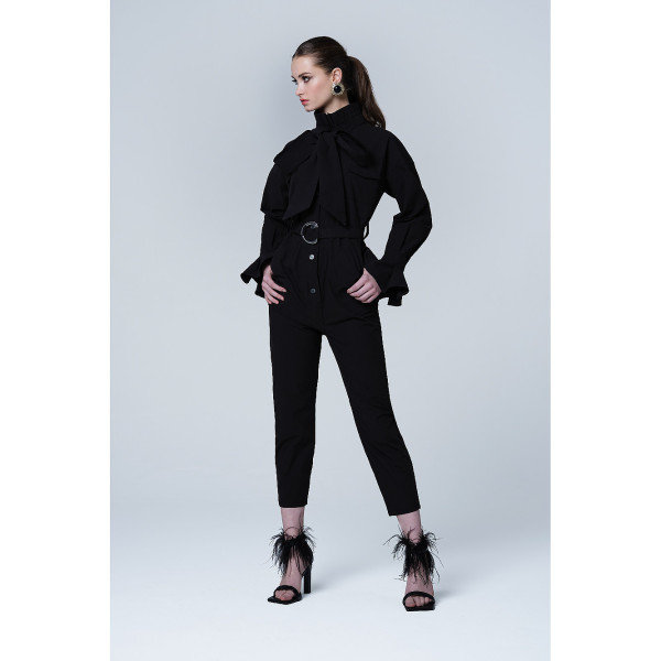 JU-NNA Chesney - Cotton Jumpsuit W/ Pleated Collar & Long Bow Tie