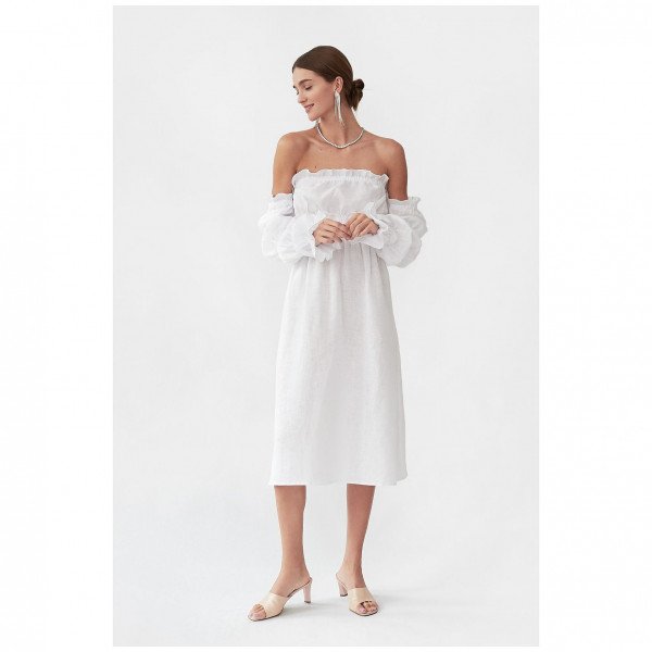 SLEEPER Michelin Off The Shoulder Shirred on sale Micro Dot Linen Midi Dress