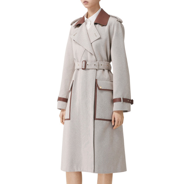 Burberry Leather Trim Cotton Canvas Trench Coat