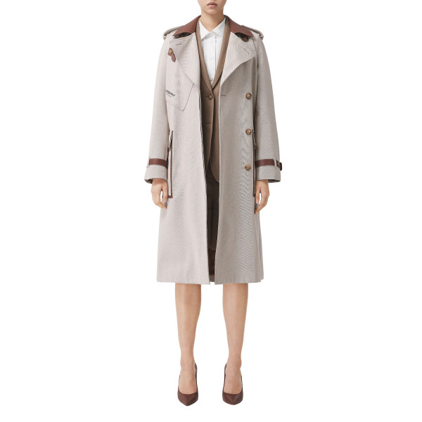 Burberry Leather Trim Cotton Canvas Trench Coat