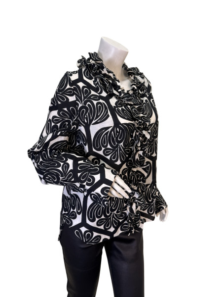 Marni Black and White Floral Print Ruffled Button Up Shirt