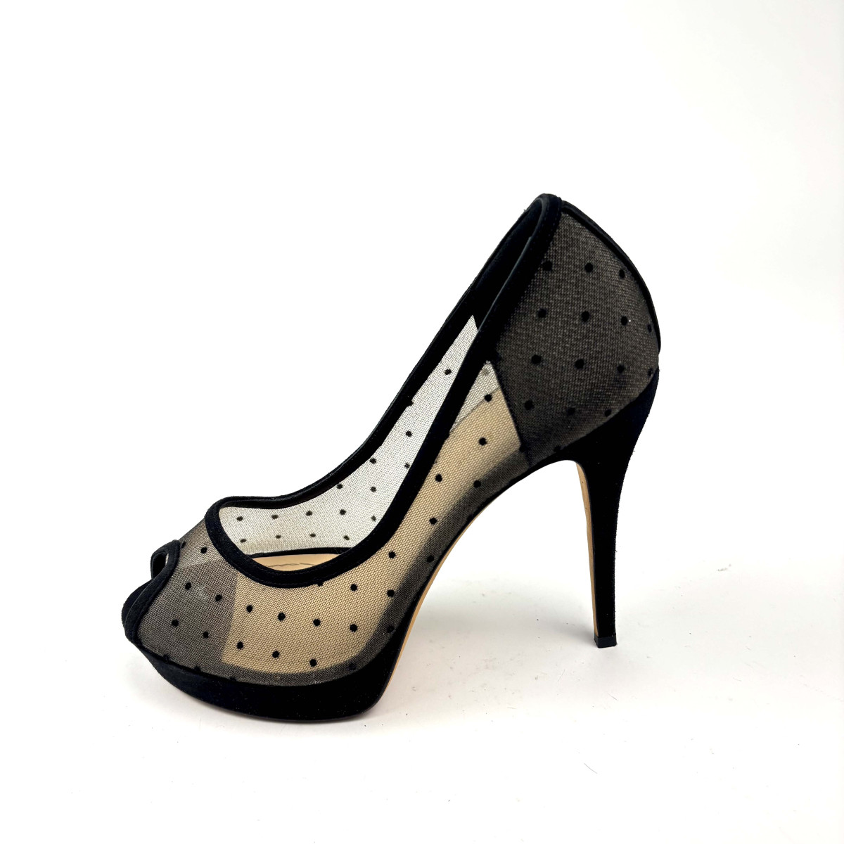 Dior Black Suede And Dotted Mesh Doll Peep Toe Platform Pumps