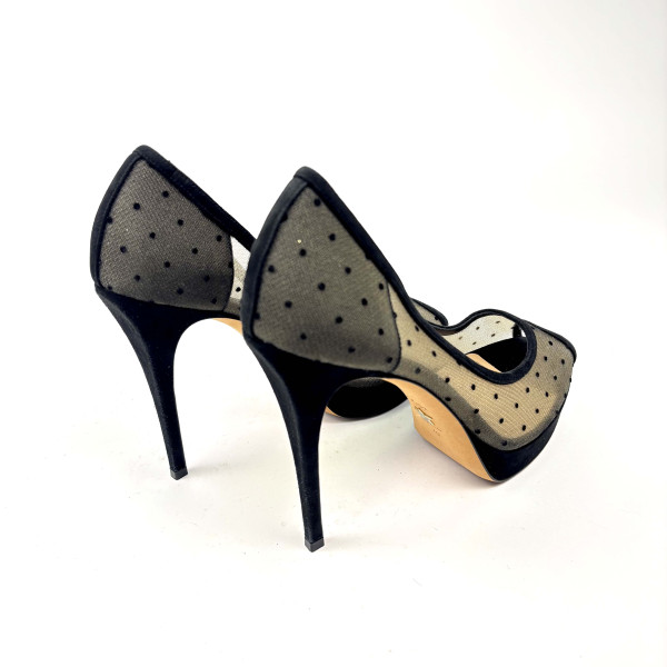Dior Black Suede And Dotted Mesh Doll Peep Toe Platform Pumps
