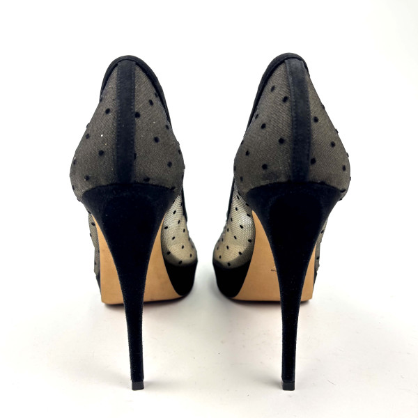 Dior Black Suede And Dotted Mesh Doll Peep Toe Platform Pumps