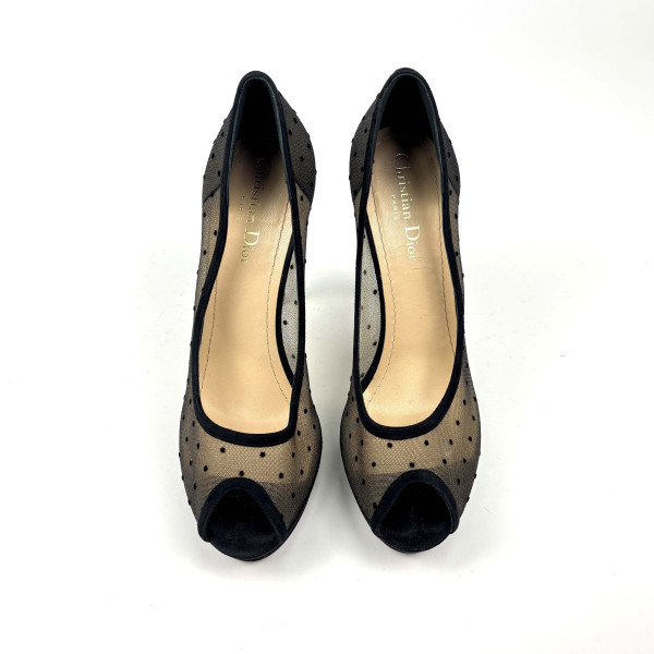 Dior Black Suede And Dotted Mesh Doll Peep Toe Platform Pumps