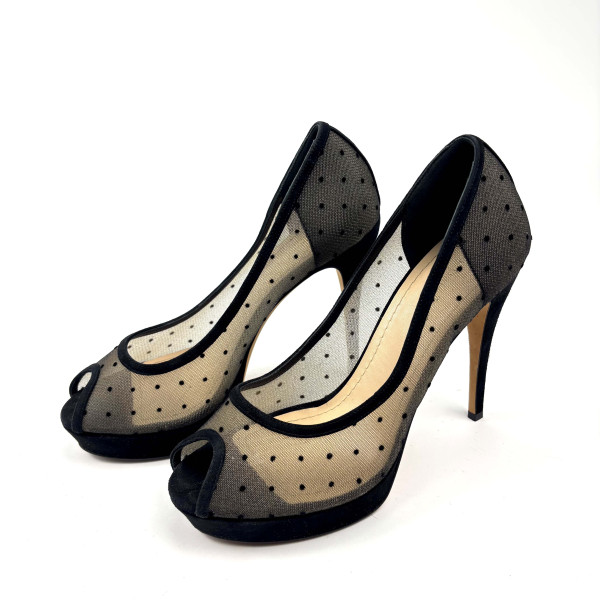 Dior Black Suede And Dotted Mesh Doll Peep Toe Platform Pumps