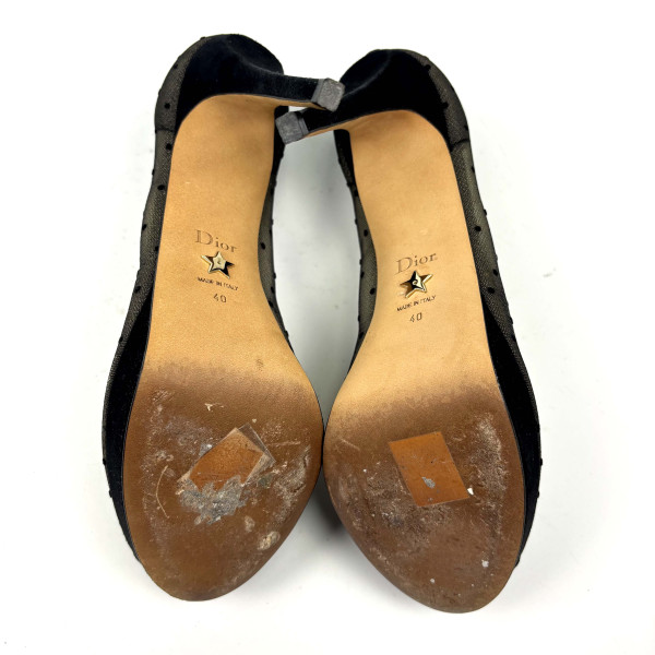 Dior Black Suede And Dotted Mesh Doll Peep Toe Platform Pumps