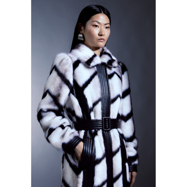 Karen Millen Panelled Stripe Faux Fur Pu Belted Long Coat