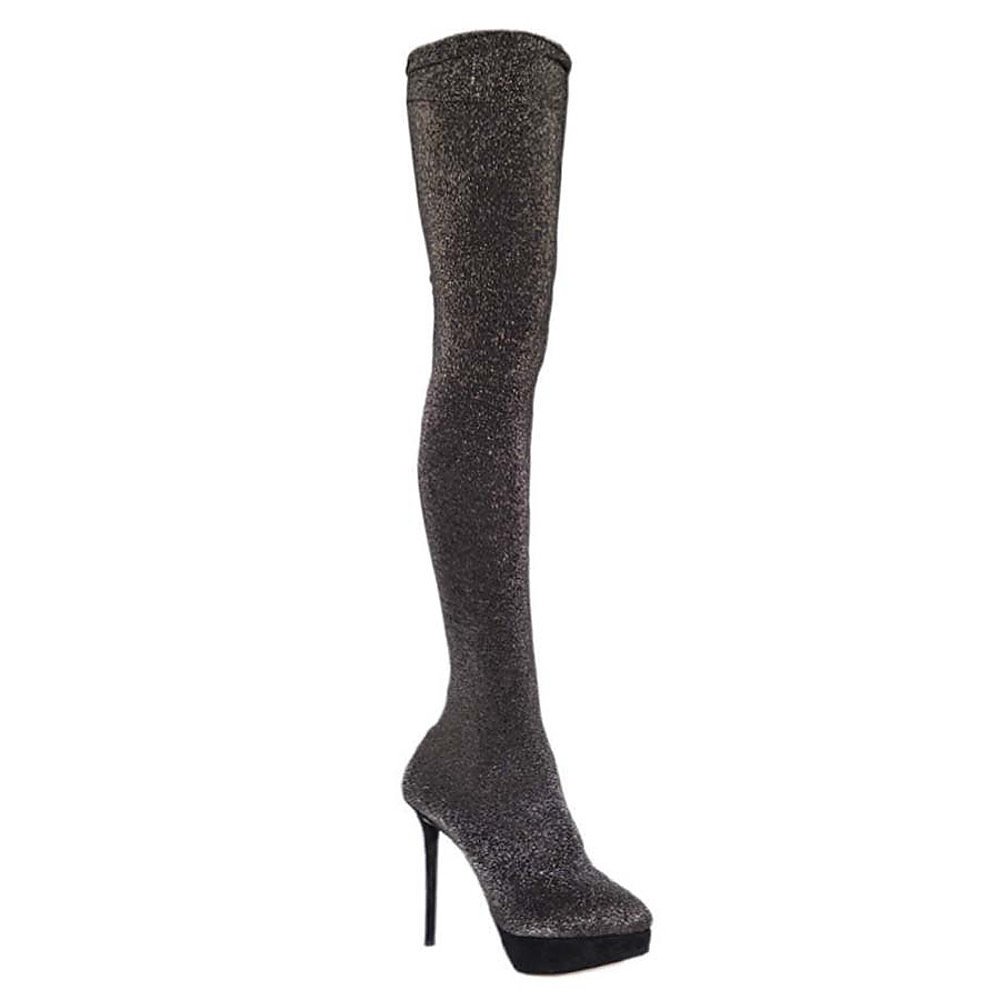 Charlotte Olympia Glitter Stretch Fabric Stocking Thigh High Boot