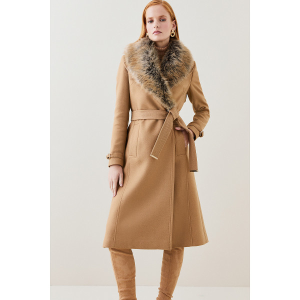 Karen Millen Italian Virgin Wool Faux Fur Collared Coat