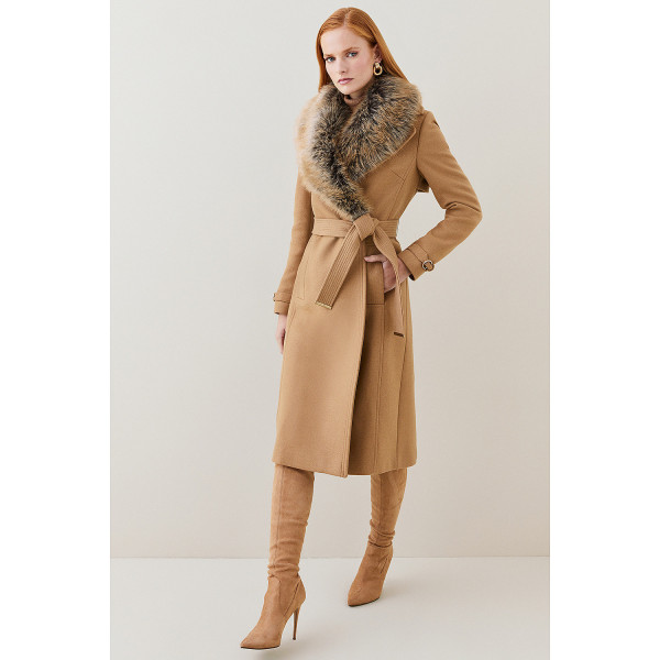 Karen Millen Italian Virgin Wool Faux Fur Collared Coat