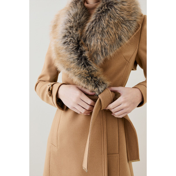 Karen Millen Italian Virgin Wool Faux Fur Collared Coat