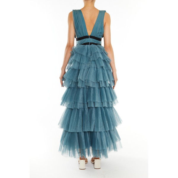 True Decadence Eliza Plunging Neck Layered Tulle Skirt Maxi Dress