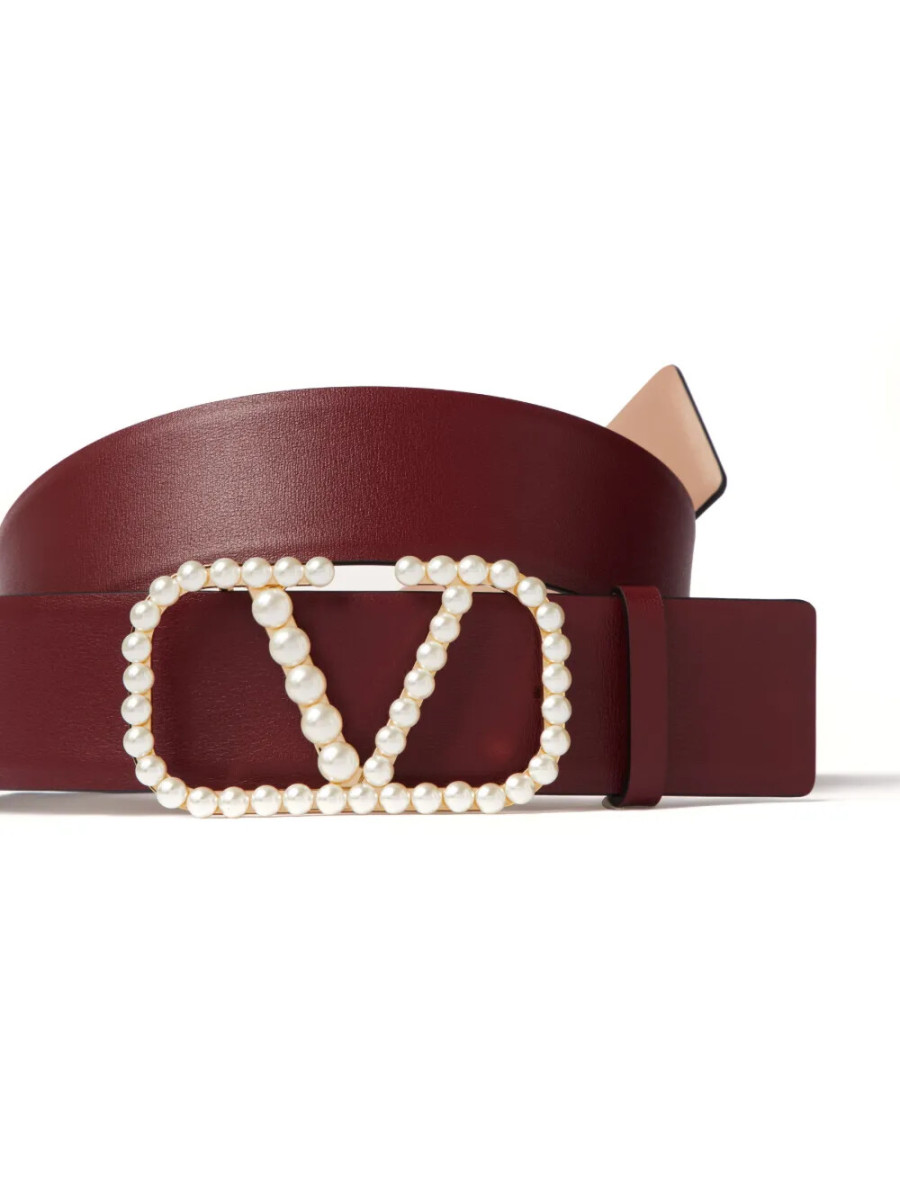Valentino VLogo Pearl-Embellished Leather Belt