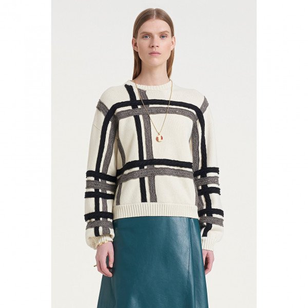 PORTS 1961 Plaid Overlay Double Knitted Pullover