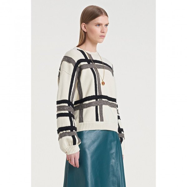 PORTS 1961 Plaid Overlay Double Knitted Pullover