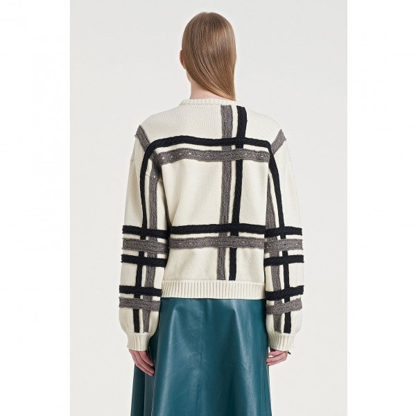 PORTS 1961 Plaid Overlay Double Knitted Pullover