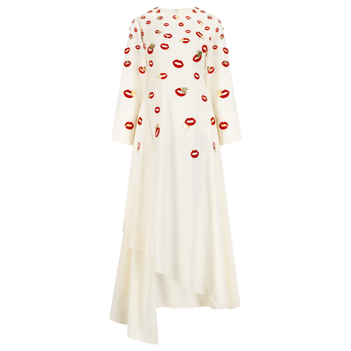 Azzalia Long Sleeve Crepe Flowy Maxi Dress with Scattered Embroidery in Lips and Heart Motifs