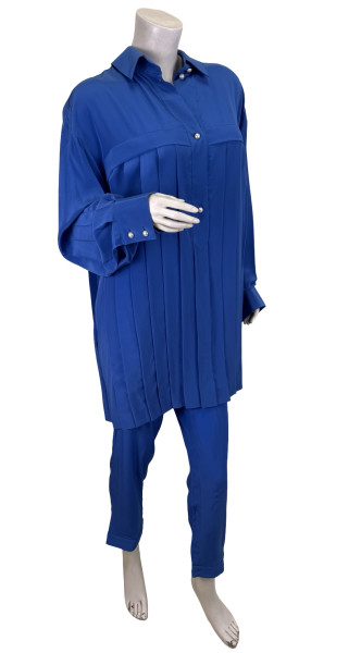 CHANEL Long-Sleeved Blue Button-Down Pleated Two Piece